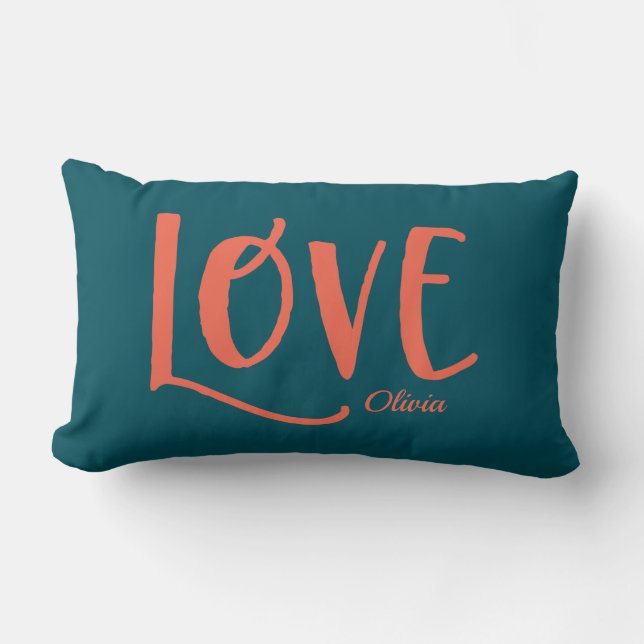 Love | Bold and Colourful Deep Teal and Orange Lumbar Pillow (Front)