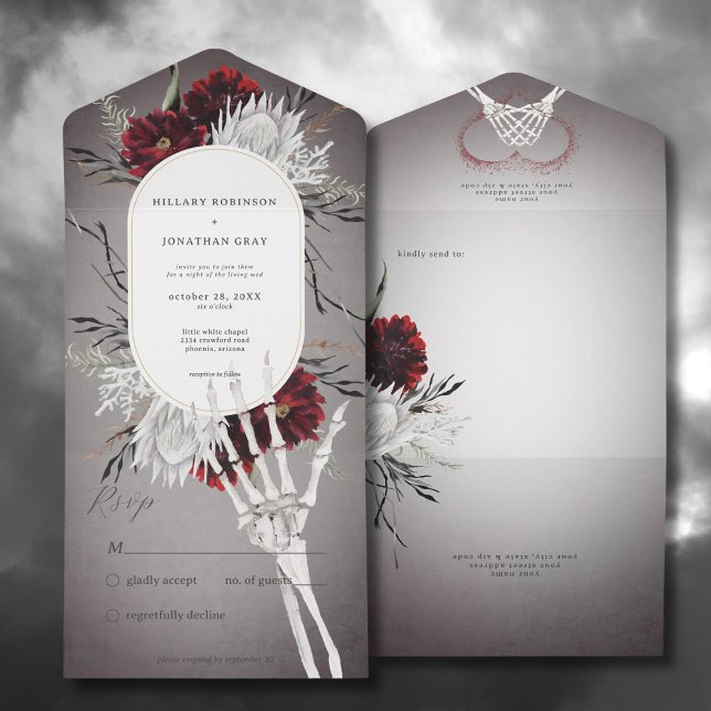 Love & Bones Spooky Red Floral Wedding No Dinner All In One Invitation (Love & Bones Spooky Red Floral All In One Wedding Invitation without Dinner Options)