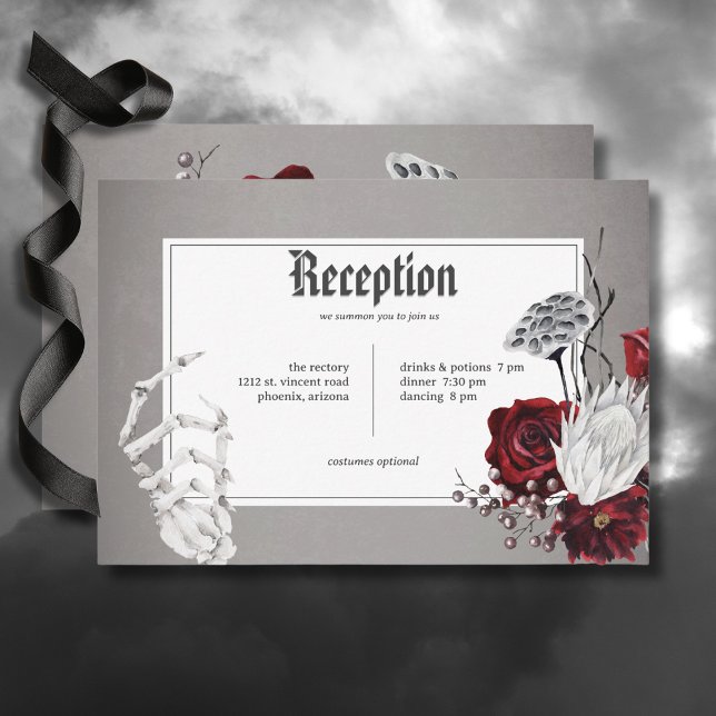 Love & Bones Spooky Red Floral Wedding Reception Enclosure Card (Love & Bones Spooky Red Floral Wedding Reception Card)