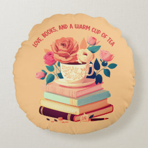 Love Books Tea Peach Roses and Buds Round Pillow