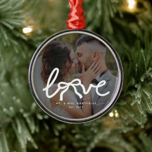 Love Bow Mr and Mrs Custom Couples Wedding Photo Metal Ornament