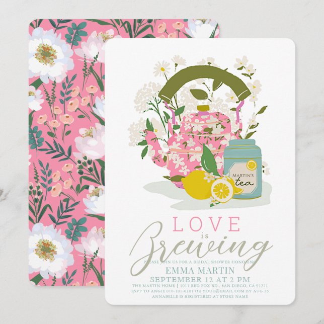 Love Brewing Pink Floral Tea Party Bridal Shower Invitation (Front/Back)
