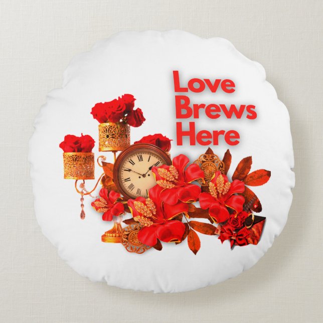 Love Brews Here Round Pillow (Front)