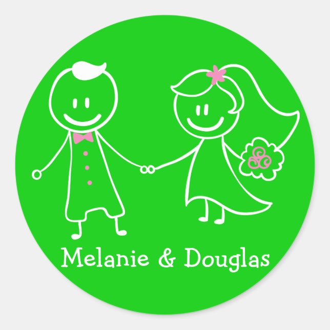 Love Bride & Groom Green Personalized Wedding Classic Round Sticker (Front)