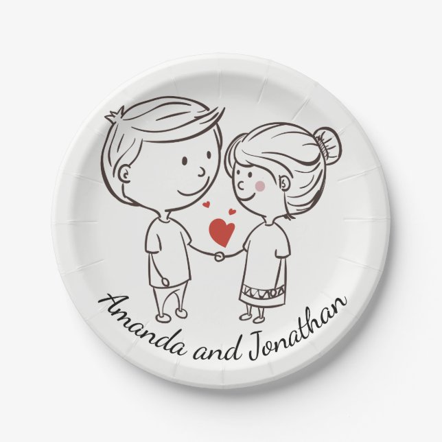 Love Bride, Groom Personalized Black White Wedding Paper Plate (Front)
