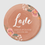 Love Brown Wood and Floral Rustic Wedding Magnet<br><div class="desc">This rustic Wedding Love round magnet features lovely floral against a brown wood pattern background. These Wedding magnets are a great way for guests to remember your special date. Check out other matching rustic wedding items including invitations here http://www.zazzle.com/collections/brown_wood_rustic_floral_wedding_collection-119146535042869019?rf=238364477188679314 Personalize it with your details by replacing the placeholder text. For...</div>