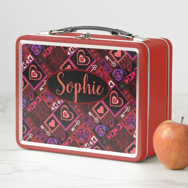 Love Bug & Cute Hearts Pattern custom name Metal Lunch Box (In Situ)