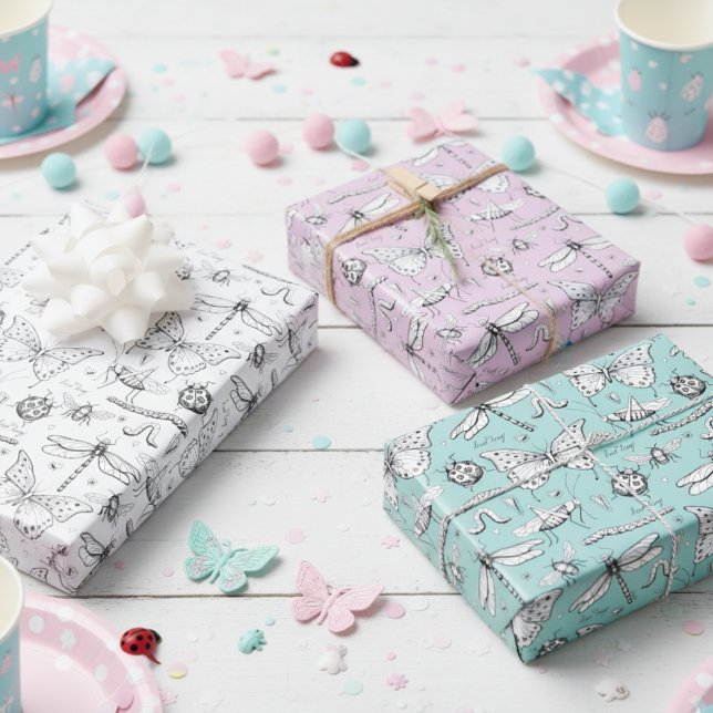 Love Bug Cute Insects Butterfly, Lady Bug & Heart  Wrapping Paper Sheet (Cute Girly Insects Pattern Wrapping Paper for Little Girl. Bugs, Beetles, Butterflies, Ladybugs, Bee)