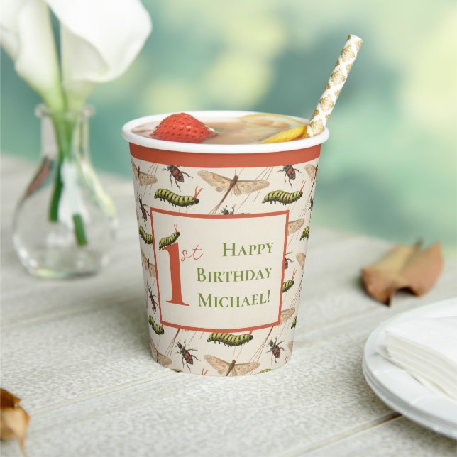 Love Bug Insect Custom Name 1st Birthday  Paper Cups (Insitu)