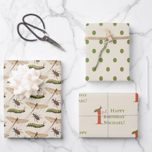 Love Bug Insect Custom Name 1st Birthday Wrapping Paper Sheet (Front)