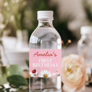 Love Bug Ladybug Daisy Floral Birthday Party Water Bottle Label