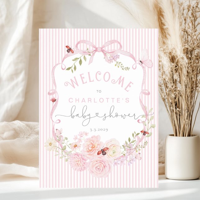 Love Bug Pink Bow Stripes Baby Shower Welcome Foam Poster (Creator Uploaded)