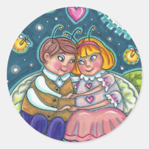 LOVE BUGS, FIREFLIES & FULL MOON, CUTE VALENTINE CLASSIC ROUND STICKER