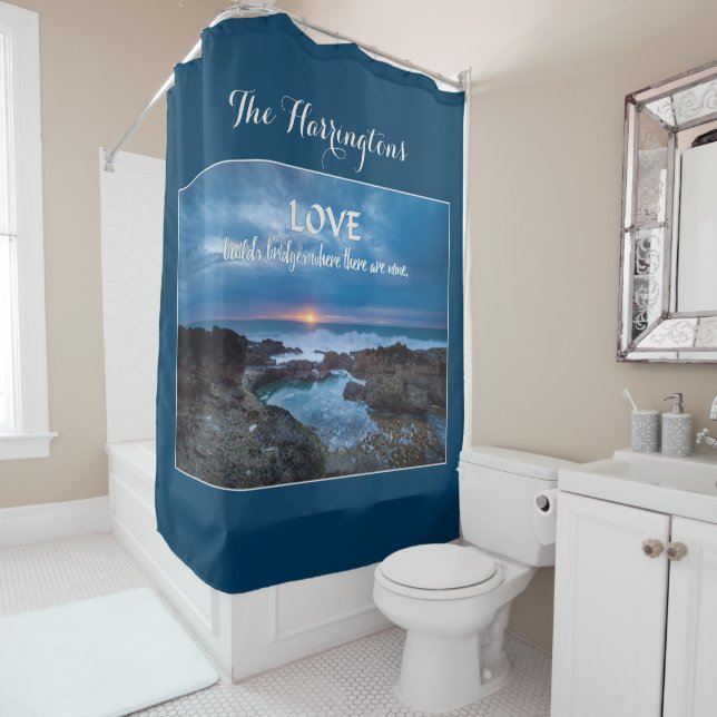 Love Builds Bridges custom monogram shower curtain (In Situ)