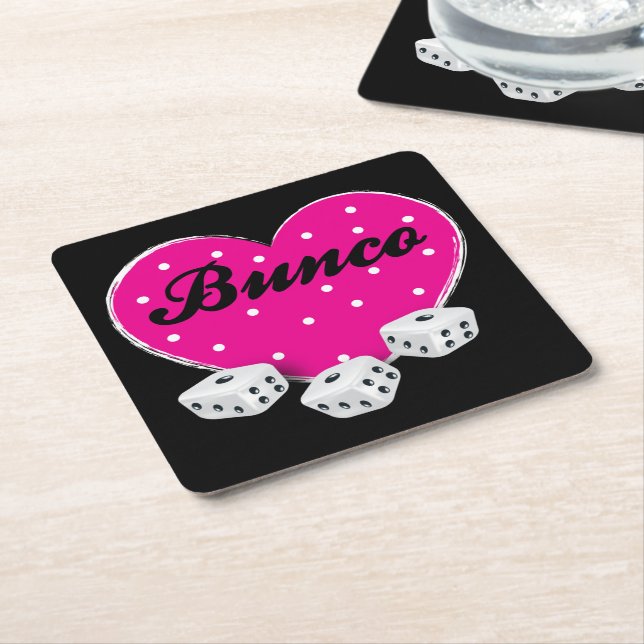 Love Bunco Pink Valentine Heart Dice Square Paper Coaster (Angled)