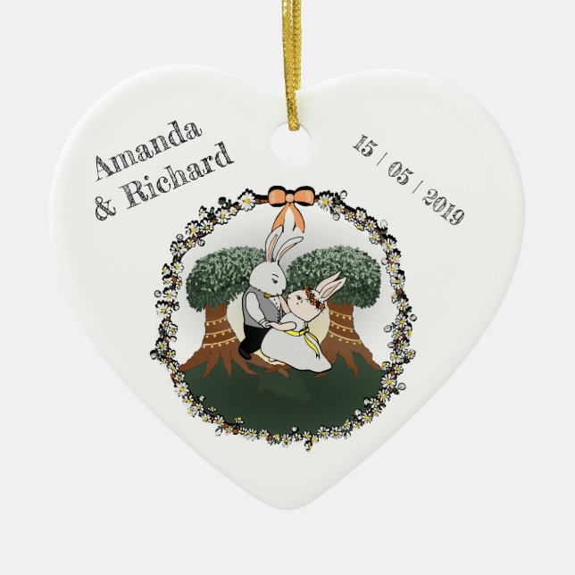 Love Bunnies | Custom Wedding Anniversary Heart Ceramic Ornament (Front)