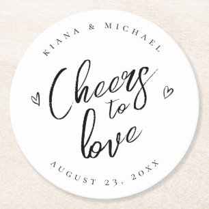 Love Calligraphy Cheers Hearts Black B&W ID940 Round Paper Coaster