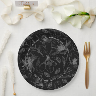 Love Calligraphy Floral w/Names Border Wht ID940 Paper Plate