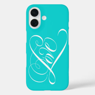 LOVE Calligraphy Heart Lettering Aqua Teal Elegant iPhone 16 Case