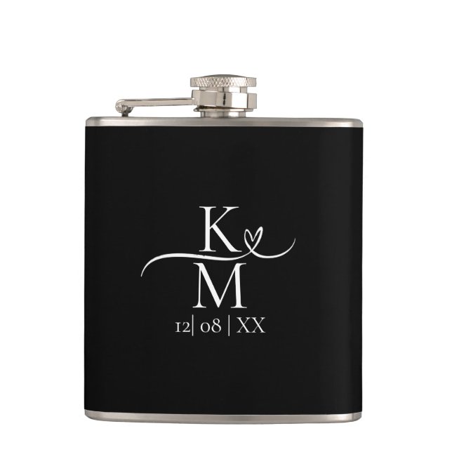Love Calligraphy Initials Heart White B&W ID940 Hip Flask (Front)