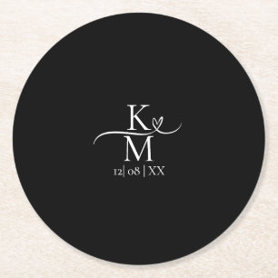 Love Calligraphy Initials Heart White B&W ID940 Round Paper Coaster