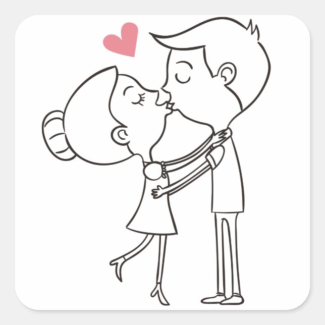 Love Cartoon Bride And Groom Black & White Wedding Square Sticker (Front)