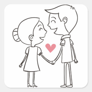 Love Cartoon Bride And Groom Black & White Wedding Square Sticker
