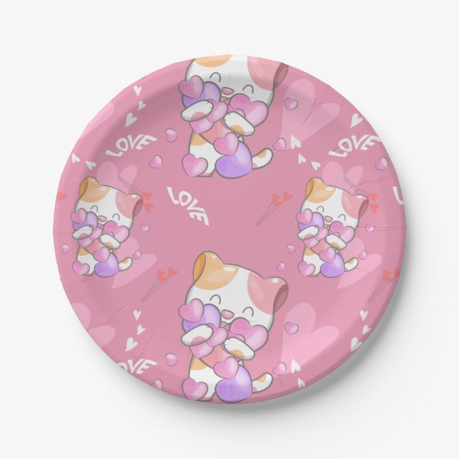 Love Cat Pattern Colourful Pets Animals  Paper Plate (Front)