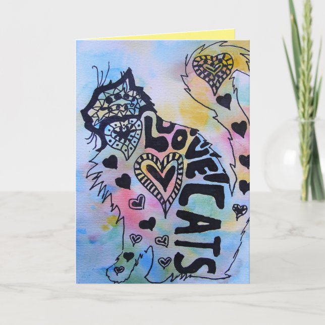 Love Cats Kitty Aquarelle et Encre Carte d'anniver (Devant)