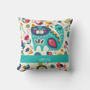 Love Cats Scandinavian Folk Art Flowers Birds Name Throw Pillow