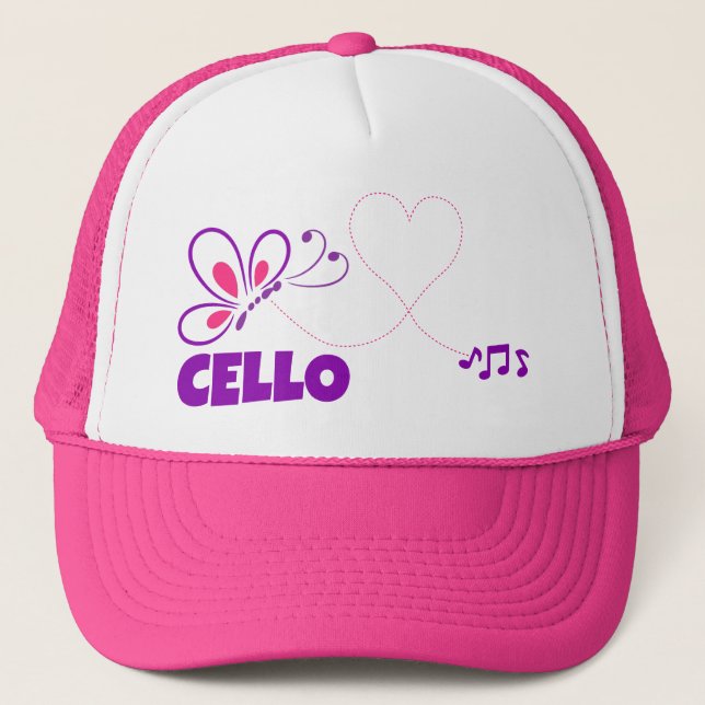 Love Cello Pink Purple Butterfly Heart Trucker Hat (Front)