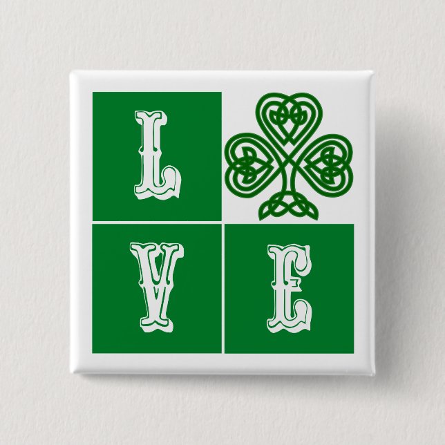 Love Celtic Shamrock Hearts 2 Inch Square Button (Front)