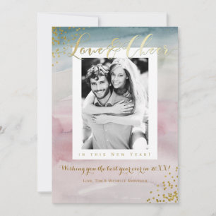 Love & Cheer New Years Glam Watercolor Photo Holiday Card