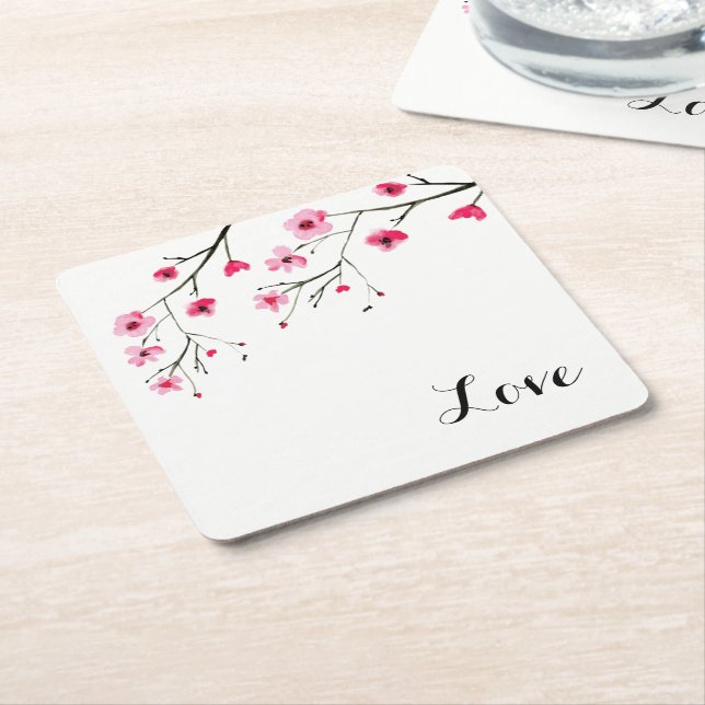 Love, Cherry Blossom, Watercolor painting, Wedding Square Paper Coaster (Angled)