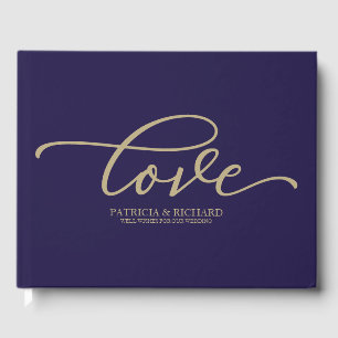 Love Chic Gold Script Navy Blue Wedding Guest Book