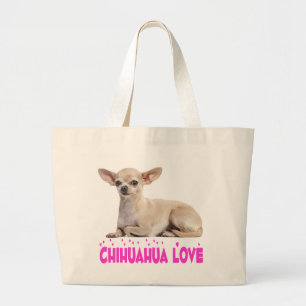 Love Chihuahua Puppy Dog Pink Fuchsia Heart Large Tote Bag