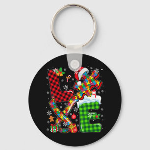 Love Christmas Autism Awareness Santa Puzzle Piece Keychain