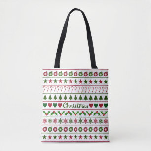 Love Christmas Motifs Pattern Green White Red Tote Bag