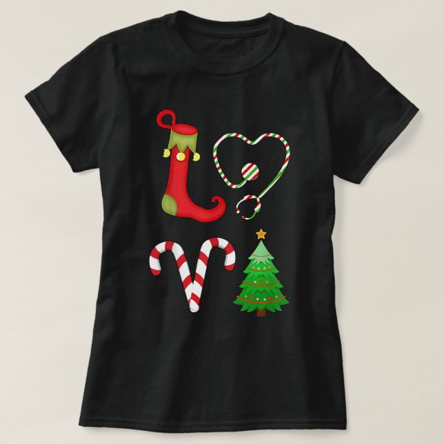 Love christmas Stethoscope Nurse Tree ELF Candy Xm T-Shirt (Design Front)