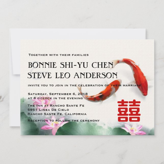 Love Circles | Lotus Koi Double Happiness Wedding Invitation (Front)