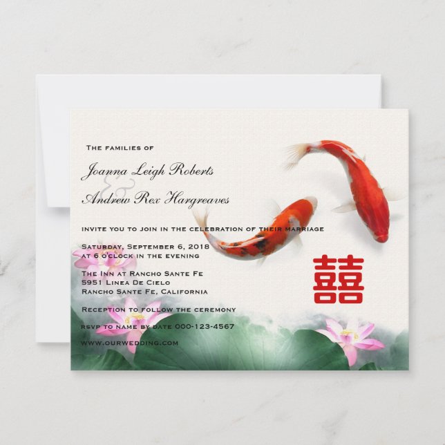 Love Circles | Lotus Koi Double Happiness Wedding Invitation (Front)