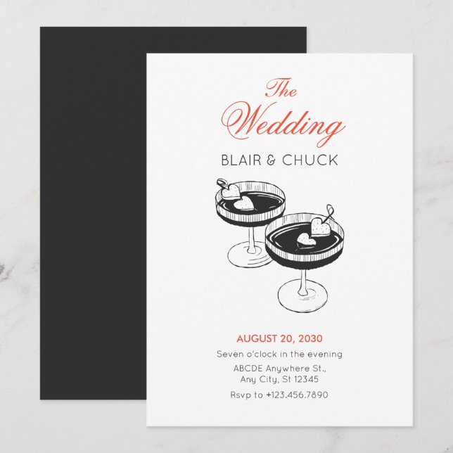 Love cocktail with hearts couple glasses wedding invitation (Front/Back)
