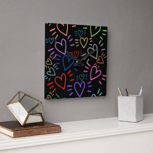 Love Colored Hearts Square Wall Clock