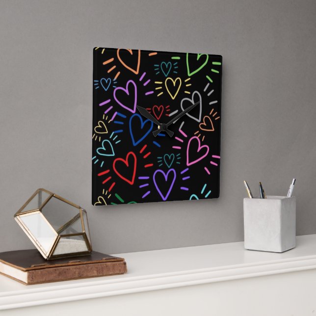 Love Colored Hearts Square Wall Clock (Office)