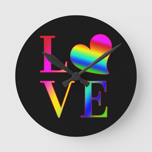 LOVE COLORFUL TYPOGRAPHY RAINBOW HEART  ROUND CLOCK (Front)