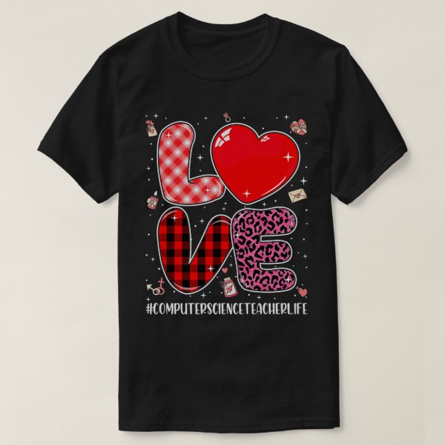 Love Computer Science Teacher Leopard Red Plaid Va T-Shirt (Design Front)