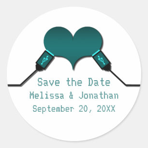 Love Connection USB Save the Date Stickers, Teal Classic Round Sticker