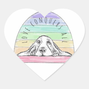 love conquers all dog rainbow basset hound  heart sticker