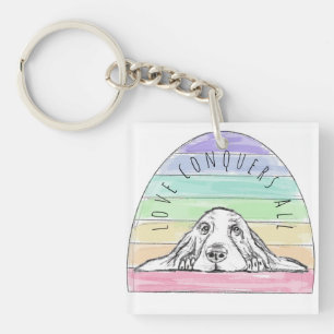 love conquers all dog rainbow basset hound keychain