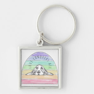 love conquers all dog rainbow basset hound keychain
